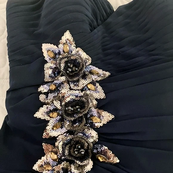 Navy Blue Strapless Sweetheart Gown with Silver Sequins Flower Embellishments - Picture 3 of 8